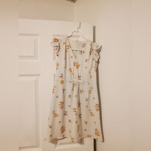 LOFT White Floral Pink And Yellow Zip Back Print Dress X Small Petite Spring